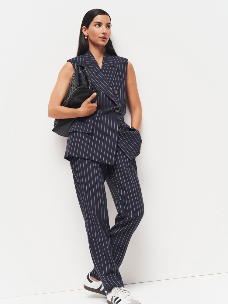 Navy Linen Striped Tapered Trousers - Image 1 of 6