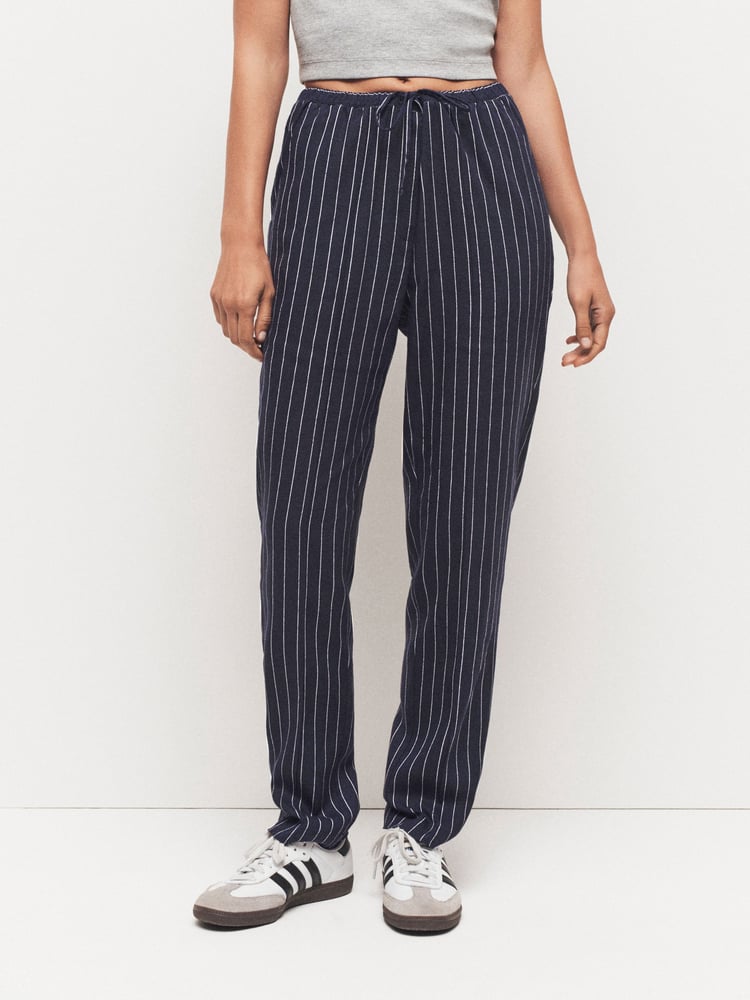 Navy Linen Striped Tapered Trousers - Image 2 of 6