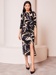 Lipsy Navy Blue Ruched Side Long Sleeve Printed Midi Dress - Image 1 of 4