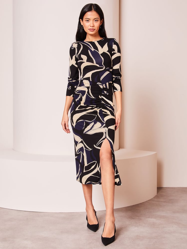 Lipsy Navy Blue Ruched Side Long Sleeve Printed Midi Dress - Image 1 of 4 Lipsy Navy Blue Ruched Side Long Sleeve Printed Midi Dress - Image 1 of 4