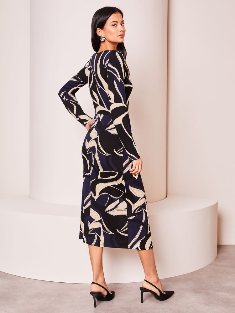 Lipsy Navy Blue Ruched Side Long Sleeve Printed Midi Dress - Image 2 of 4