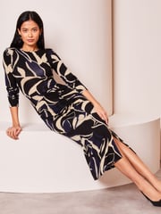 Lipsy Navy Blue Ruched Side Long Sleeve Printed Midi Dress - Image 3 of 4