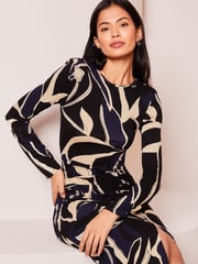 Lipsy Navy Blue Ruched Side Long Sleeve Printed Midi Dress - Image 4 of 4
