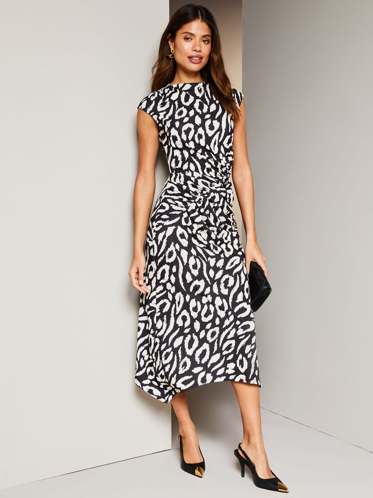 Lipsy Black/White Sleeveless Printed Ruched Midi Dress - Image 1 of 4 Lipsy Black/White Sleeveless Printed Ruched Midi Dress - Image 1 of 4