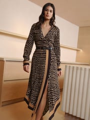 Lipsy Camel Long Sleeve Wrap Belted Midi Shirt Dress - Image 1 of 4