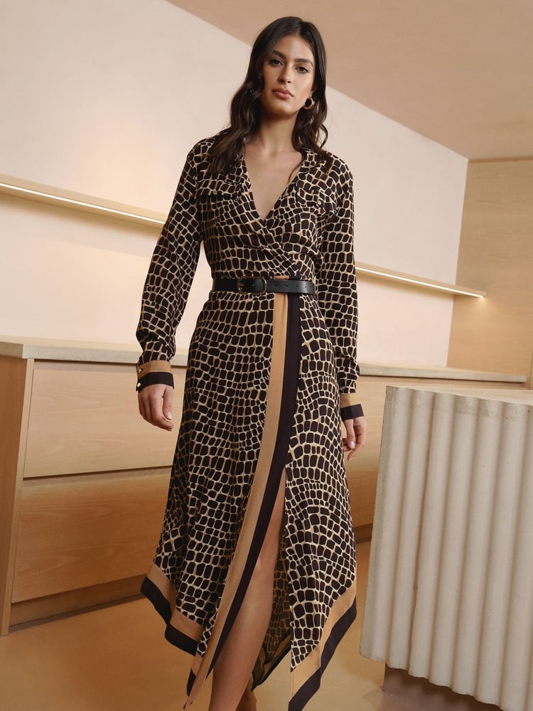 Lipsy Camel Long Sleeve Wrap Belted Midi Shirt Dress - Image 1 of 4