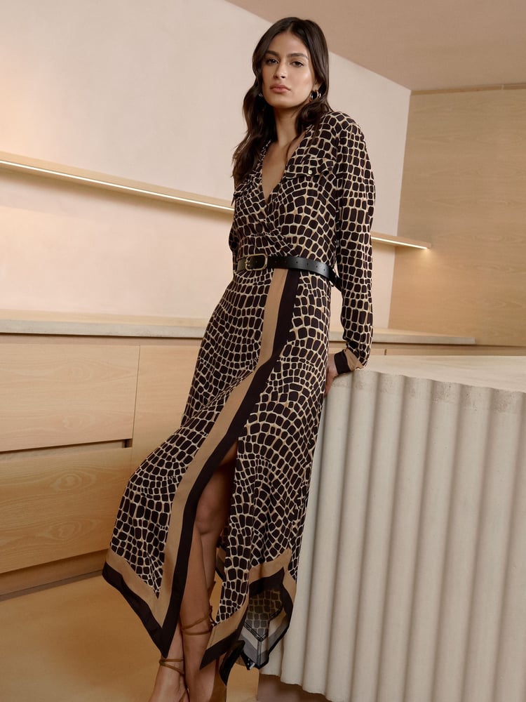 Lipsy Camel Long Sleeve Wrap Belted Midi Shirt Dress - Image 2 of 4