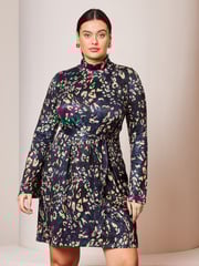 Lipsy Navy Blue Petite Jersey Tie Waist High Neck Long Sleeve Shift Mini Dress - Image 1 of 4