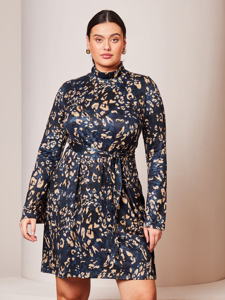 Lipsy Navy Blue Petite Jersey Tie Waist High Neck Long Sleeve Shift Mini Dress - Image 1 of 4