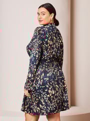 Lipsy Navy Blue Petite Jersey Tie Waist High Neck Long Sleeve Shift Mini Dress - Image 2 of 4