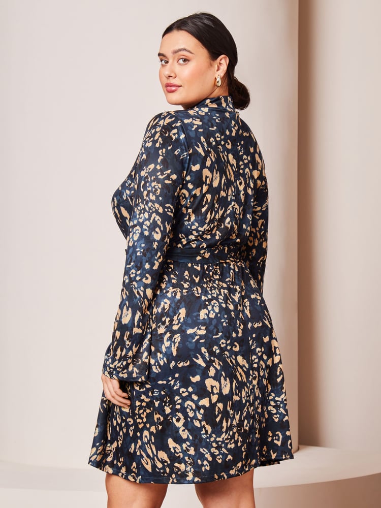 Lipsy Navy Blue Petite Jersey Tie Waist High Neck Long Sleeve Shift Mini Dress - Image 2 of 4