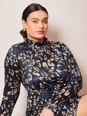Lipsy Navy Blue Petite Jersey Tie Waist High Neck Long Sleeve Shift Mini Dress - Image 4 of 4
