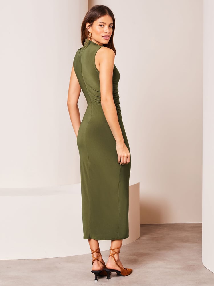 Lipsy Khaki Sleeveless Sculpted High Neck Slinky Midi Dress - Image 2 of 4