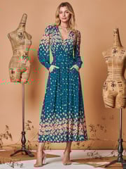 Jolie Moi Blue Symmetrical Print Mesh Maxi Dress - Image 1 of 5