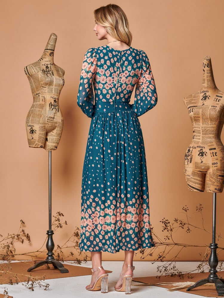 Jolie Moi Blue Symmetrical Print Mesh Maxi Dress - Image 2 of 5