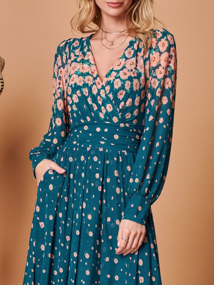 Jolie Moi Blue Symmetrical Print Mesh Maxi Dress - Image 5 of 5