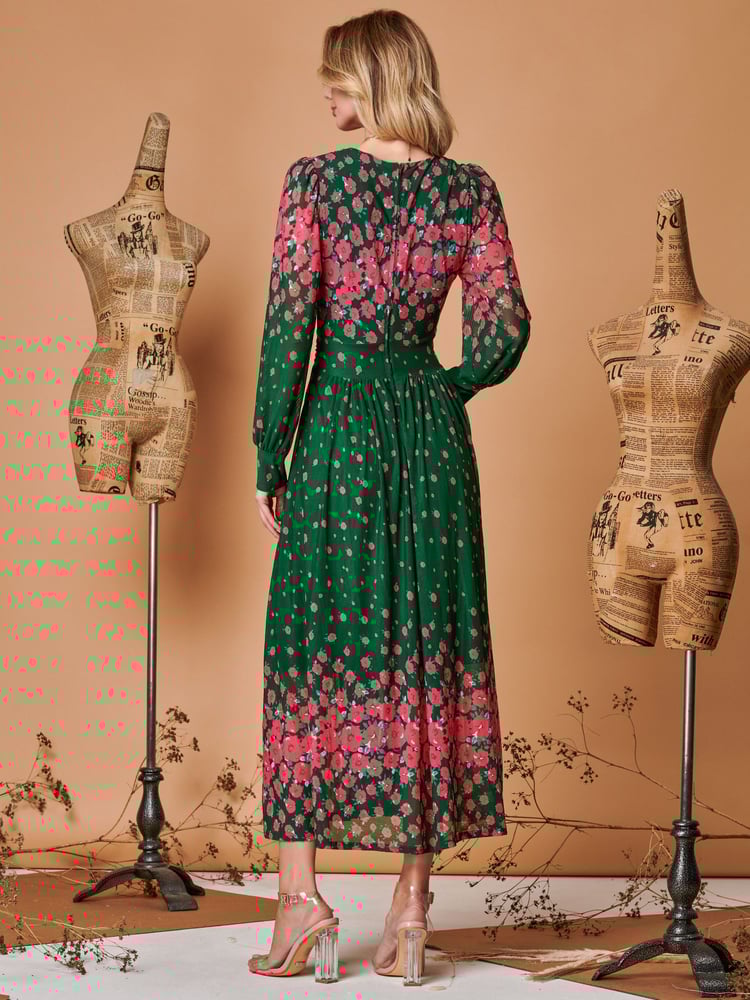 Jolie Moi Green Symmetrical Print Mesh Maxi Dress - Image 2 of 5