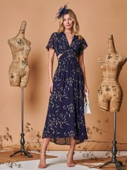 Jolie Moi Navy Blue Plunge Neckline Keyhole Chiffon Maxi Dress - Image 1 of 5