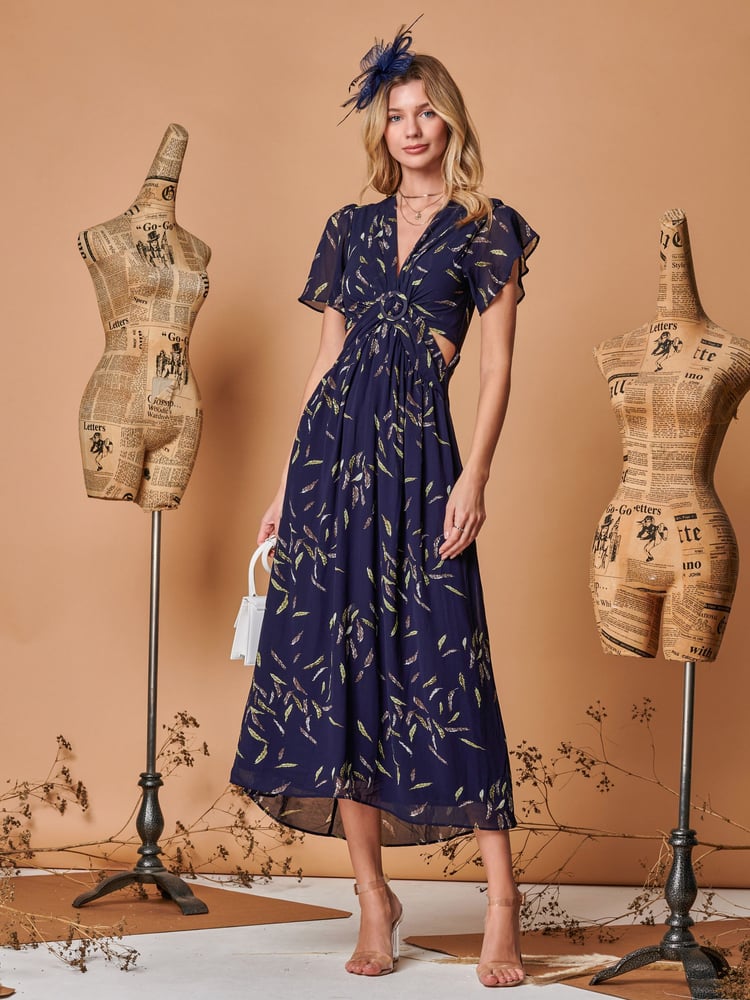 Jolie Moi Navy Blue Plunge Neckline Keyhole Chiffon Maxi Dress - Image 5 of 5