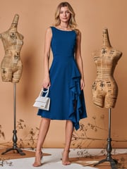 Jolie Moi Blue Fit & Flare Ruffle Detail Midi Dress - Image 1 of 5
