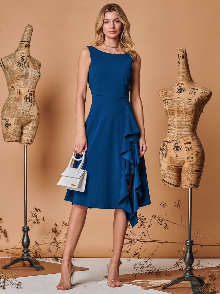 Jolie Moi Blue Fit & Flare Ruffle Detail Midi Dress - Image 1 of 5