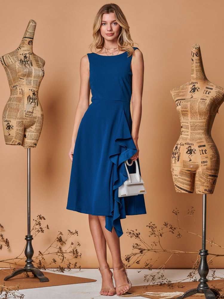 Jolie Moi Blue Fit & Flare Ruffle Detail Midi Dress - Image 5 of 5