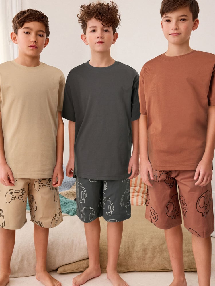 Grey/Stone/ Rust Gamer Short Woven Pyjamas 3 Pack (3-16yrs) - Image 1 of 8