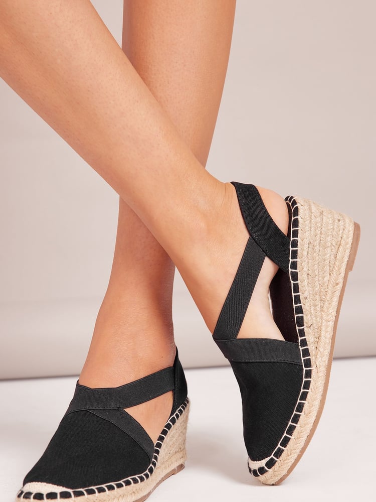 Friends Like These Black Regular Fit Closed Toe Elastic Strap Espadrille Wedge Shoe - Image 2 of 5