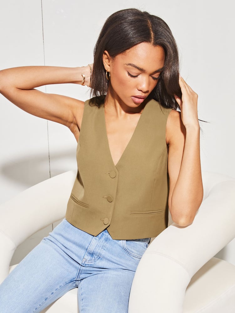 Lipsy Camel Fitted Tailored Buttoned Waistcoat - Image 1 of 4 Lipsy Camel Fitted Tailored Buttoned Waistcoat - Image 1 of 4
