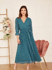 Yumi Teal Blue Foil Printed Pleated Wrap Midi Dress - Image 1 of 5