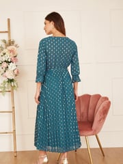 Yumi Teal Blue Foil Printed Pleated Wrap Midi Dress - Image 2 of 5