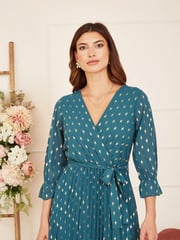Yumi Teal Blue Foil Printed Pleated Wrap Midi Dress - Image 3 of 5