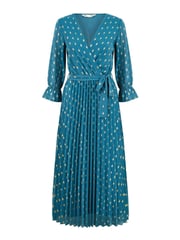 Yumi Teal Blue Foil Printed Pleated Wrap Midi Dress - Image 5 of 5