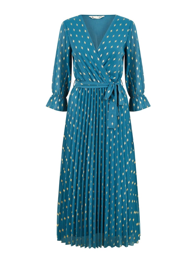 Yumi Teal Blue Foil Printed Pleated Wrap Midi Dress - Image 5 of 5