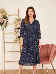 Yumi Blue Foil Printed Pleated Wrap Midi Dress - Image 1 of 5