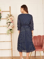 Yumi Blue Foil Printed Pleated Wrap Midi Dress - Image 2 of 5