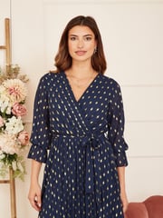 Yumi Blue Foil Printed Pleated Wrap Midi Dress - Image 3 of 5