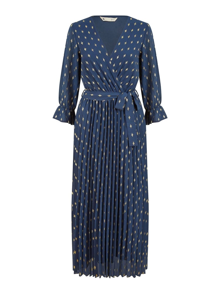 Yumi Blue Foil Printed Pleated Wrap Midi Dress - Image 5 of 5