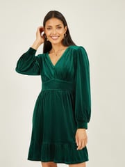Mela Green Velvet Long Sleeve Skater Dress - Image 1 of 5