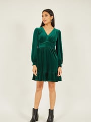 Mela Green Velvet Long Sleeve Skater Dress - Image 3 of 5