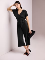Black Plisse Short Sleeve V-Neck Wide Leg Belted Jumpsuit - Image 1 of 5