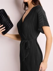 Black Plisse Short Sleeve V-Neck Wide Leg Belted Jumpsuit - Image 3 of 5