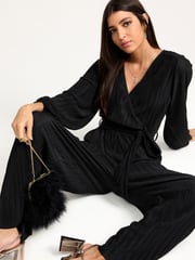 Black Long Sleeve Plissé Jumpsuit - Image 1 of 5