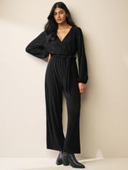 Black Long Sleeve Plissé Jumpsuit - Image 2 of 5