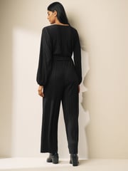 Black Long Sleeve Plissé Jumpsuit - Image 3 of 5