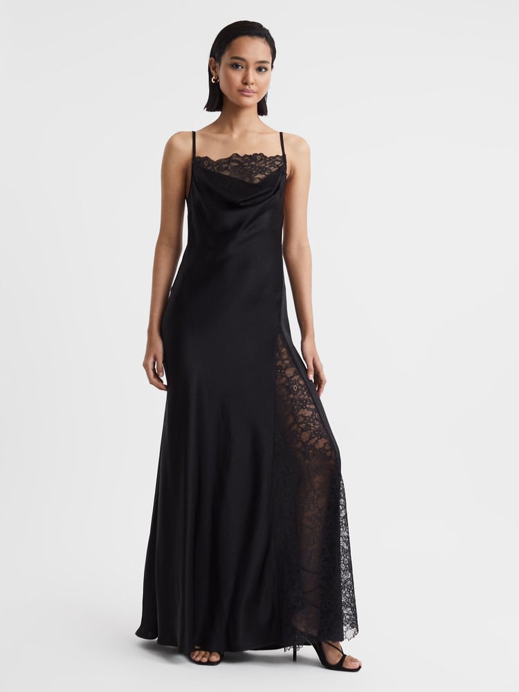 Anna Quan Satin Lace Cowl Neck Maxi Dress - Image 1 of 5
