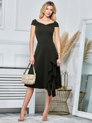 Jolie Moi Khaki Green Desiree Frill Fit & Flare Dress - Image 1 of 5