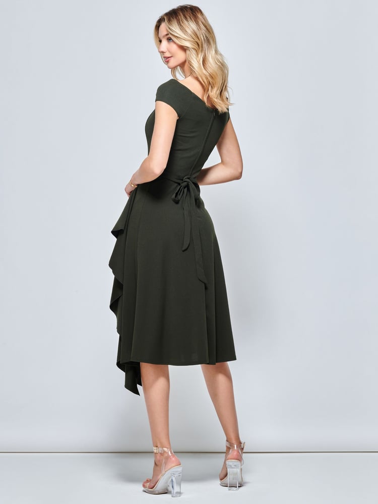 Jolie Moi Khaki Green Desiree Frill Fit & Flare Dress - Image 2 of 5