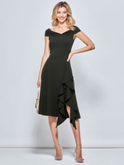 Jolie Moi Khaki Green Desiree Frill Fit & Flare Dress - Image 4 of 5