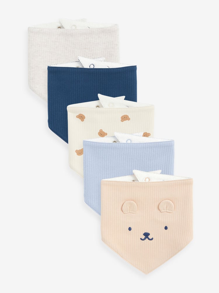 Navy Blue/Tan Brown Bear Baby 100% Cotton Bibs 5 Pack - Image 1 of 7